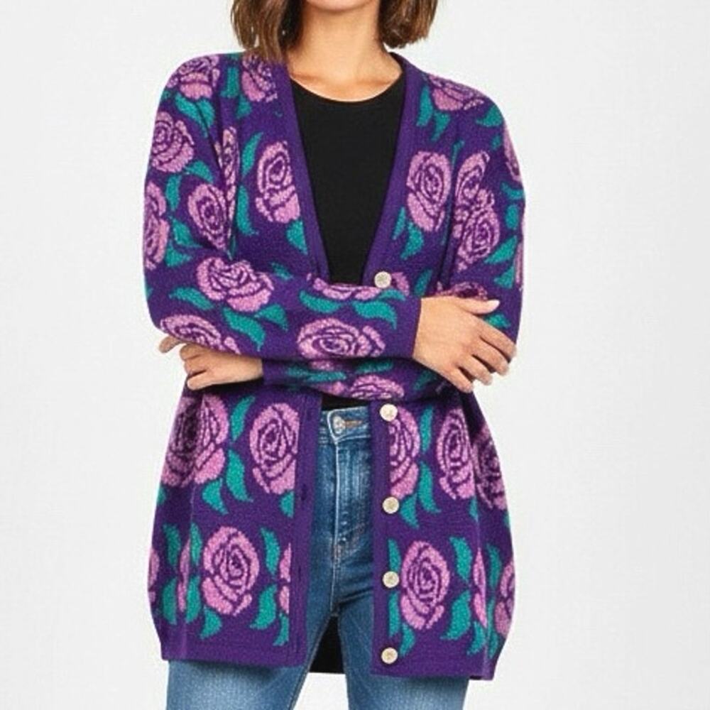 Vintage Western Connection Purple Floral Knit Cardigan Sweater Large Cottagecore